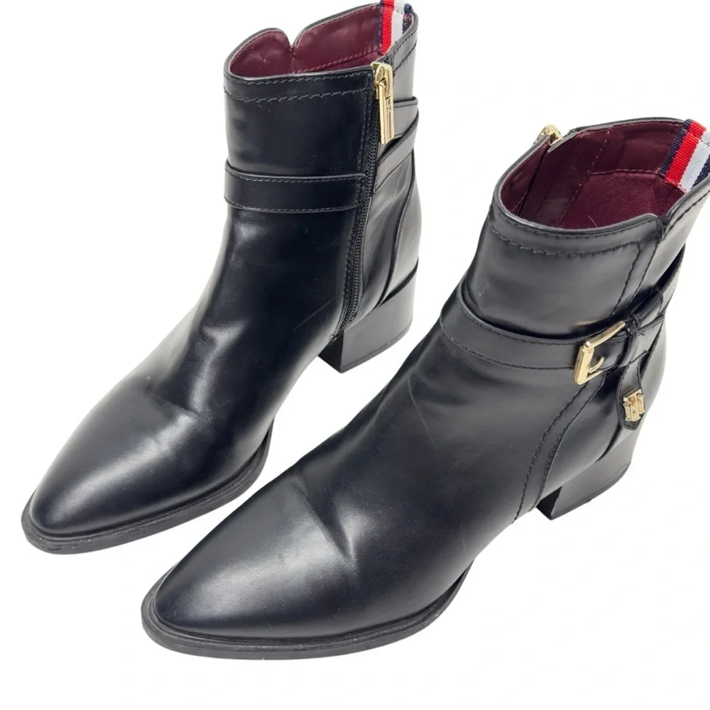 Tommy Hilfiger Black and Gold Ankle Booties with Side-Zip